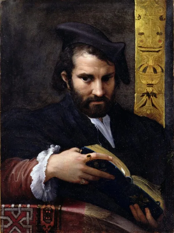Portrait of a Man Reading a Book (1530) by Parmigianino — original painting reproduced as a hand-painted oil on canvas