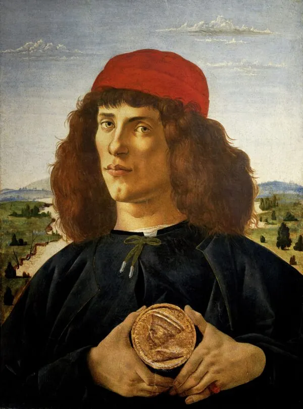 Portrait of a Man with a Medal of Cosimo the Elder (1474) by Sandro Botticelli — original painting reproduced as a hand-painted oil on canvas