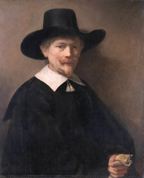 Portrait of a man with gloves in hand (1648) by Rembrandt — original painting reproduced as a hand-painted oil on canvas