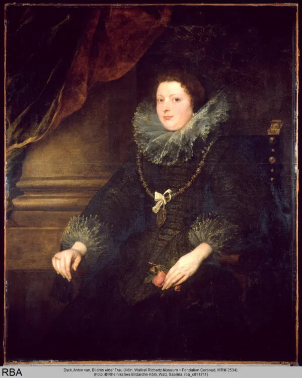 Portrait of a seated lady with roses, wearing a medal (1624) by Anthony van Dyck — original painting reproduced as a hand-painted oil on canvas