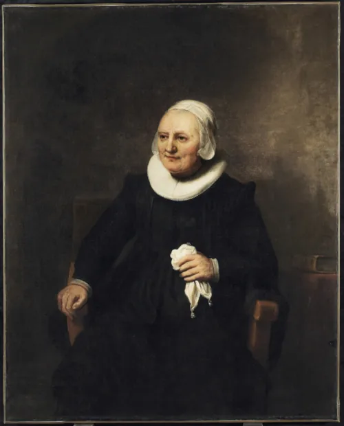 Portrait of a Seated Woman with a Handkerchief (1644) by Rembrandt — original painting reproduced as a hand-painted oil on canvas