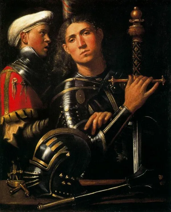 Portrait of a soldier with his squire (1502) by Giorgione — original painting reproduced as a hand-painted oil on canvas
