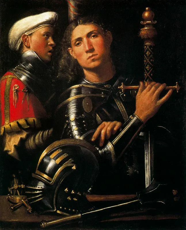 Portrait of a soldier with his squire (1502) by Giorgione — original painting reproduced as a hand-painted oil on canvas
