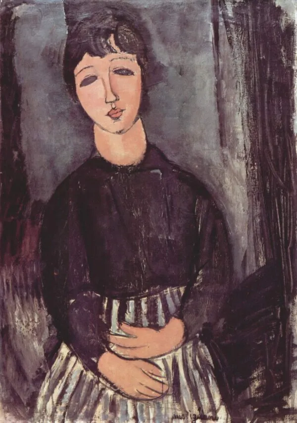 Portrait of a waiting girl (1916) by Amedeo Modigliani — original painting reproduced as a hand-painted oil on canvas