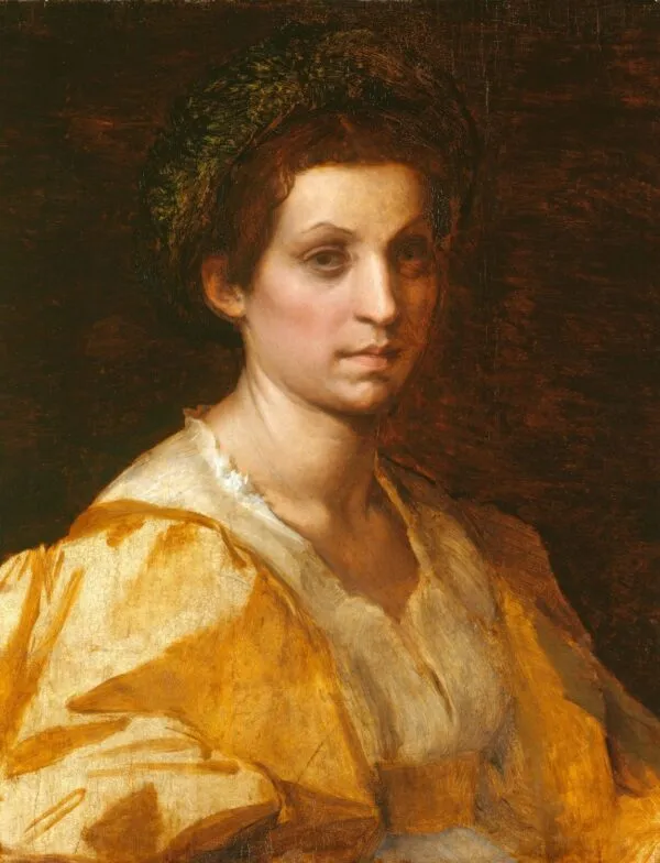 Portrait of a woman in yellow (1529) by Andrea del Sarto — original painting reproduced as a hand-painted oil on canvas