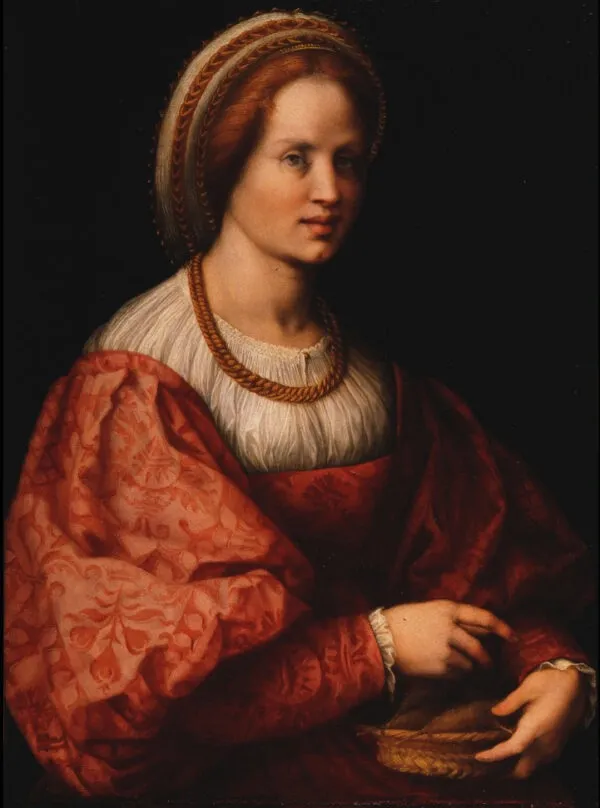 Portrait of a Woman with a Basket of Spindles (1514) by Andrea del Sarto — original painting reproduced as a hand-painted oil on canvas