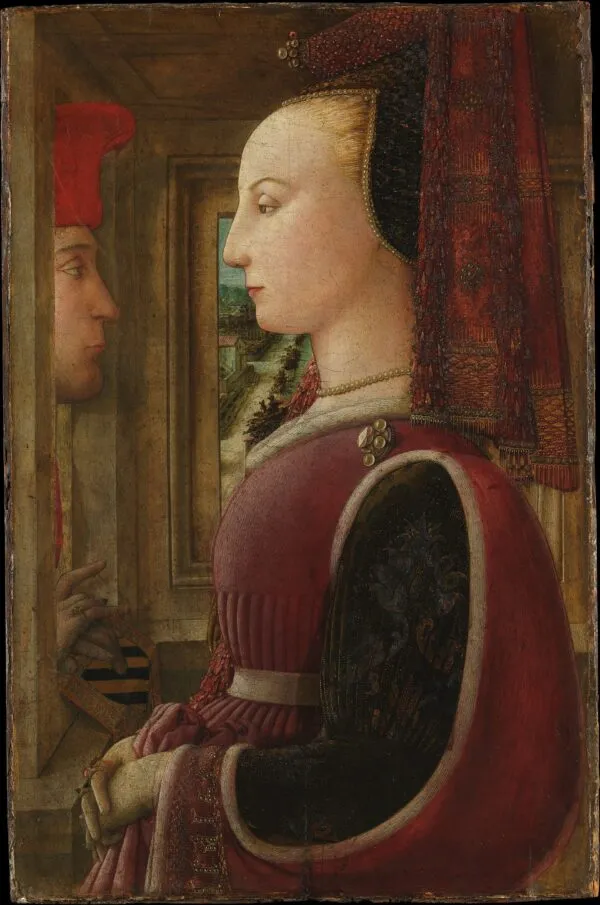 Portrait of a Woman with a Man at a Casement (1440) by Filippo Lippi — original painting reproduced as a hand-painted oil on canvas