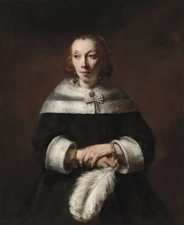 Portrait of a Woman with an Ostrich-Feather Fan (1656) by Rembrandt — original painting reproduced as a hand-painted oil on canvas