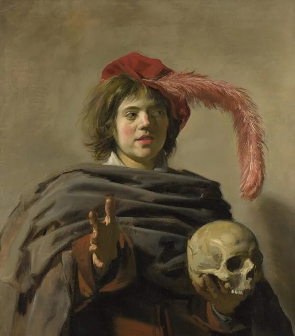 Portrait of a young man with a skull (1626) by Frans Hals — original painting reproduced as a hand-painted oil on canvas
