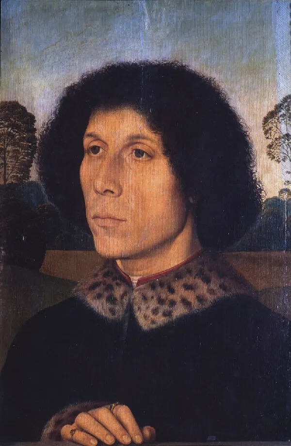 Portrait of an unknown Man in landscape (1480) by Hans Memling — original painting reproduced as a hand-painted oil on canvas