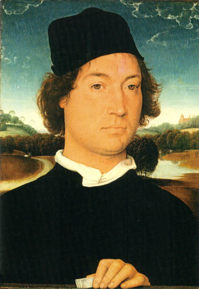 Portrait of an unknown man with a letter (1480) by Hans Memling — original painting reproduced as a hand-painted oil on canvas