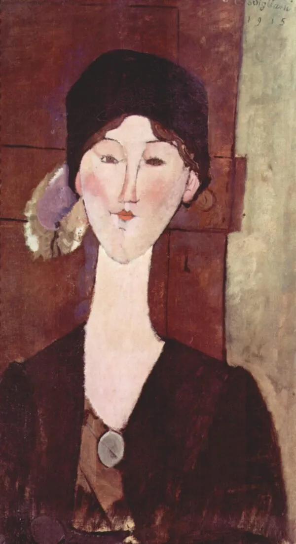 Portrait of Beatrice Hastings before a door (1915) by Amedeo Modigliani — original painting reproduced as a hand-painted oil on canvas