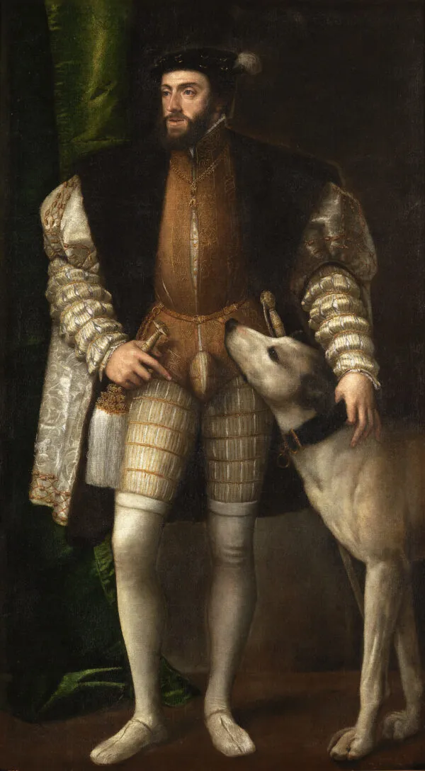 Portrait of Charles V with a Dog (1533) by Titian — original painting reproduced as a hand-painted oil on canvas