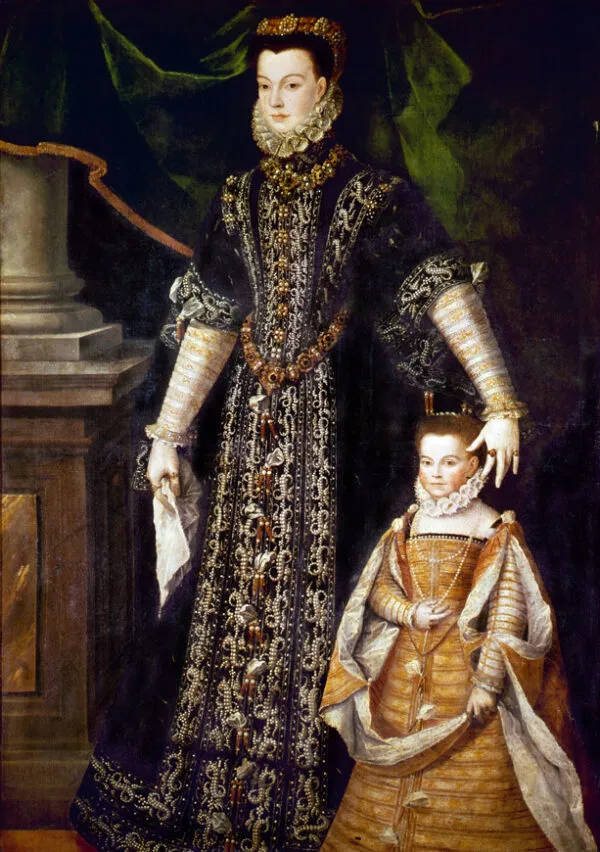 Portrait of Elisabeth of Valois (1545-1568), Queen consort of Spain and her daughter Isabella Clara Eugenia (1566-1633) (1565) by Sofonisba Anguissola — original painting reproduced as a hand-painted oil on canvas