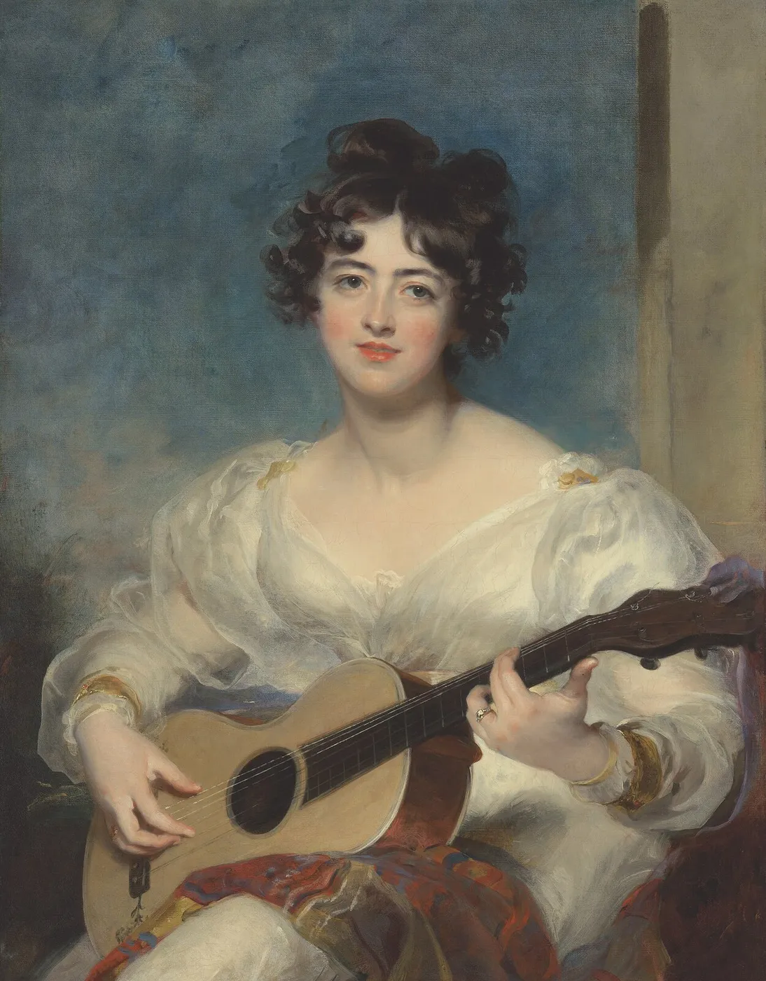 Portrait of Elizabeth Blake, Lady Wallscourt, playing a guitar (1825) by Thomas Lawrence — original painting reproduced as a hand-painted oil on canvas