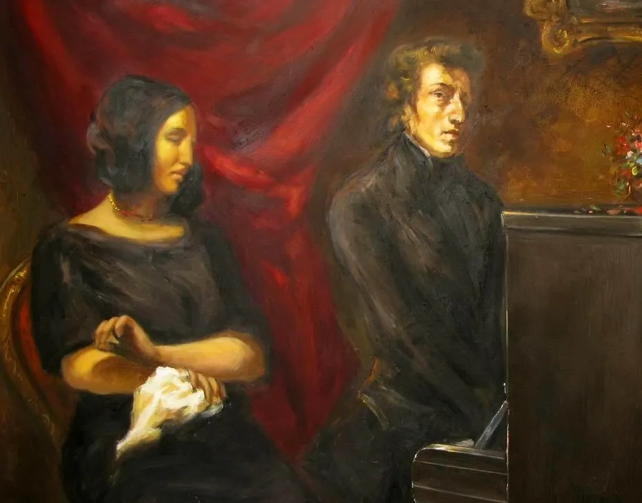 Portrait of Frédéric Chopin and George Sand (1837) by Eugène Delacroix — original painting reproduced as a hand-painted oil on canvas