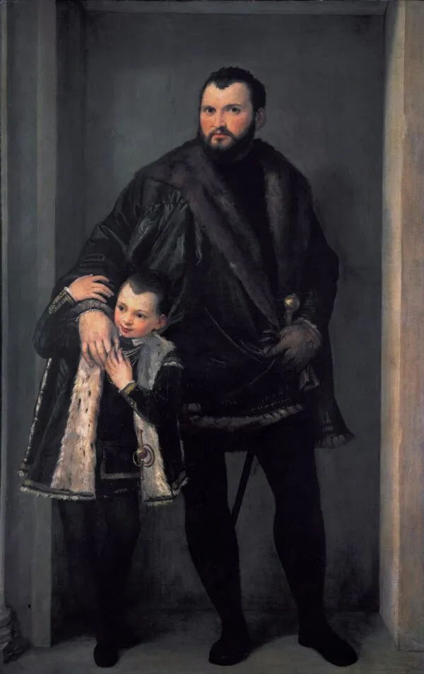Portrait of Iseppo da Porto and his son Adriano (1555) by Paolo Veronese — original painting reproduced as a hand-painted oil on canvas