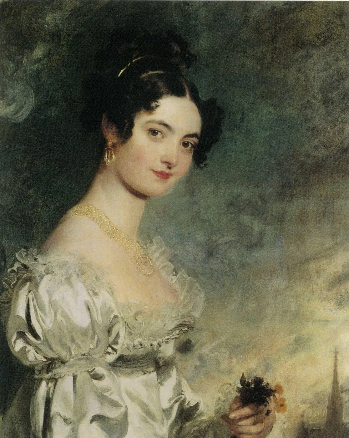 Portrait of Lady Selina Meade (1797–1872), half-length, in an ivory satin dress, with the spire of St. Stephen’s Cathedral, Vienna, beyond (1819) by Thomas Lawrence — original painting reproduced as a hand-painted oil on canvas
