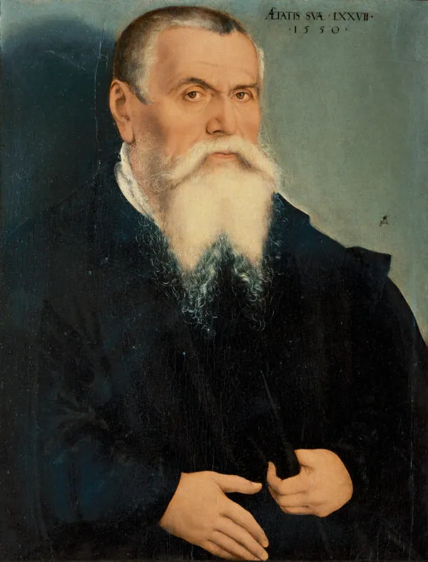 Portrait of Lucas Cranach the Elder (1550) by Lucas Cranach the Younger — original painting reproduced as a hand-painted oil on canvas