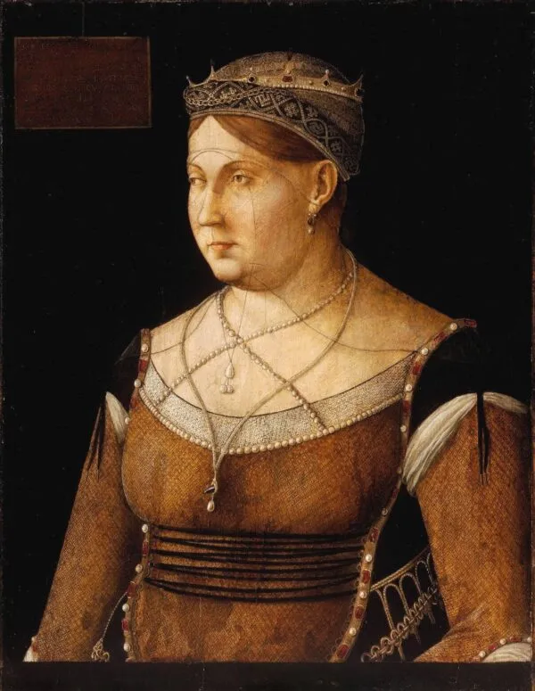 Portrait of Queen Caterina Cornaro (1500) by Gentile Bellini — original painting reproduced as a hand-painted oil on canvas