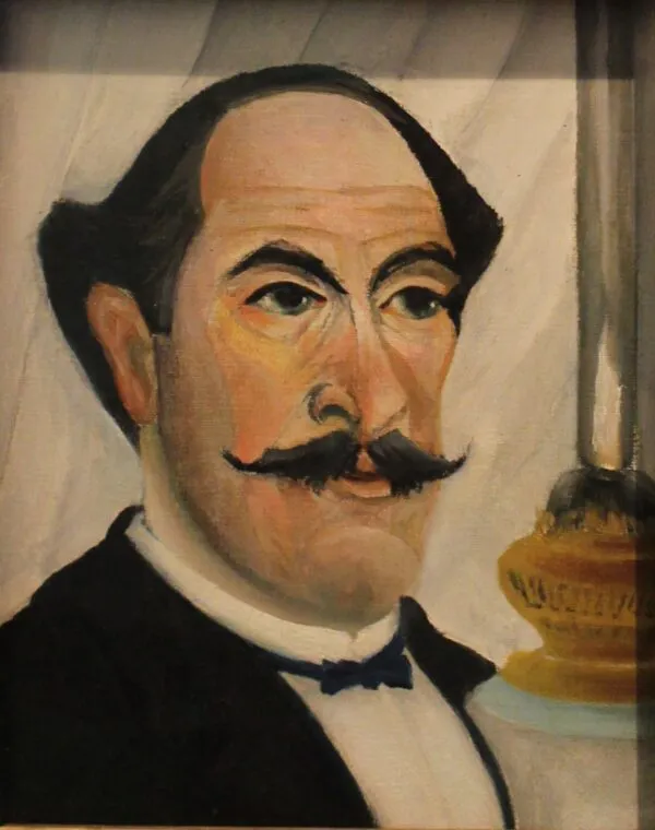 Portrait of the artist with oil lamp (1902) by Henri Rousseau — original painting reproduced as a hand-painted oil on canvas
