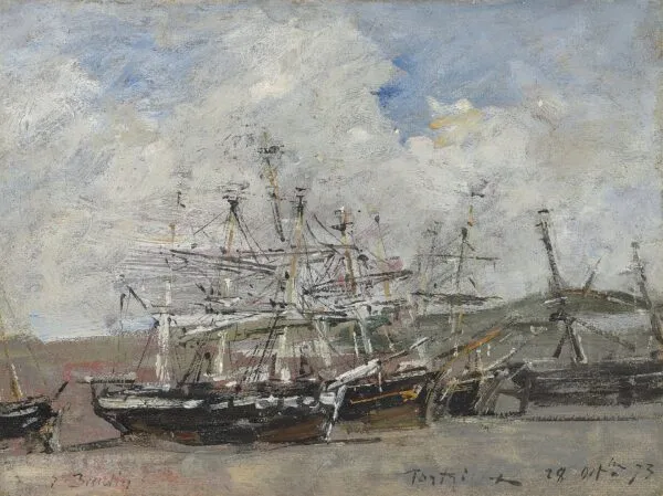 Portrieux. Le port à marée basse (1873) by Eugène Louis Boudin — original painting reproduced as a hand-painted oil on canvas