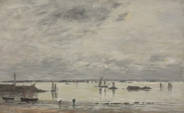 Portrieux, le port marée basse (1873) by Eugène Louis Boudin — original painting reproduced as a hand-painted oil on canvas