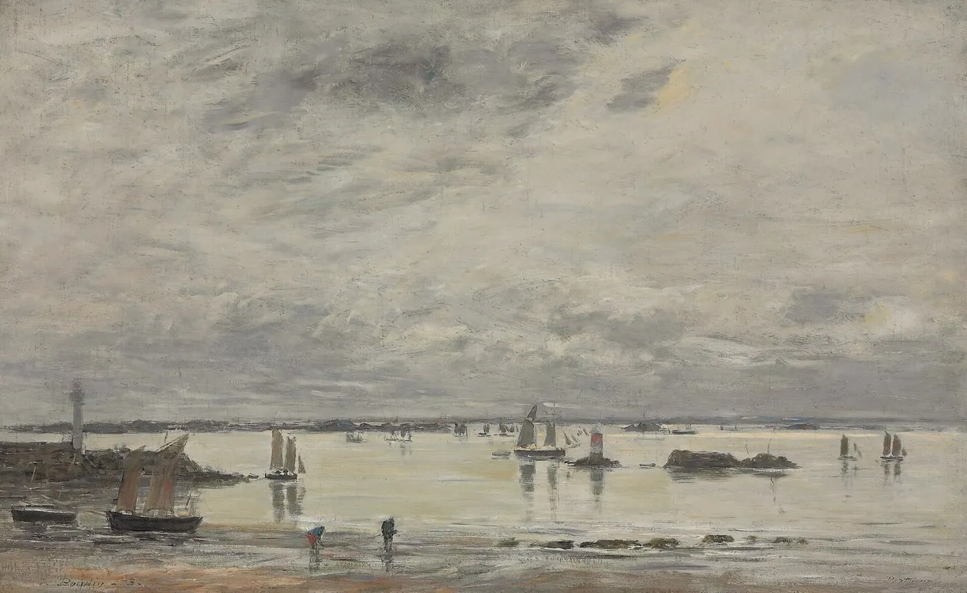 Portrieux, le port marée basse (1873) by Eugène Louis Boudin — original painting reproduced as a hand-painted oil on canvas
