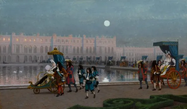 Promenade de la Cour dans les jardins de Versailles (1895) by Jean-Léon Gérôme — original painting reproduced as a hand-painted oil on canvas
