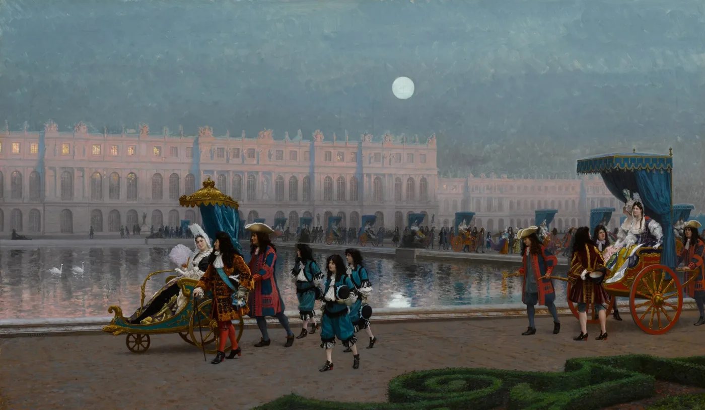 Promenade de la Cour dans les jardins de Versailles (1895) by Jean-Léon Gérôme — original painting reproduced as a hand-painted oil on canvas