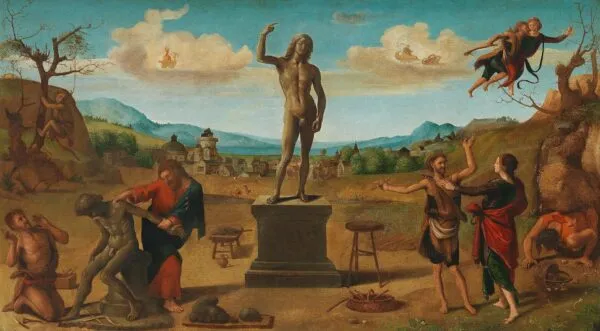 Prometheus creates the first Man (1510) by Piero di Cosimo — original painting reproduced as a hand-painted oil on canvas