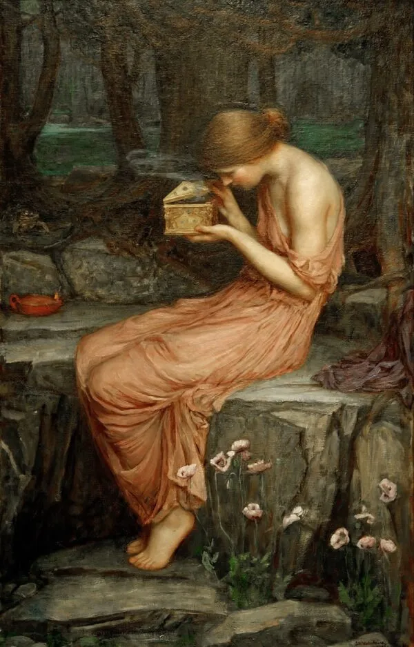 Psyche Opening the Golden Box (1904) by John William Waterhouse — original painting reproduced as a hand-painted oil on canvas