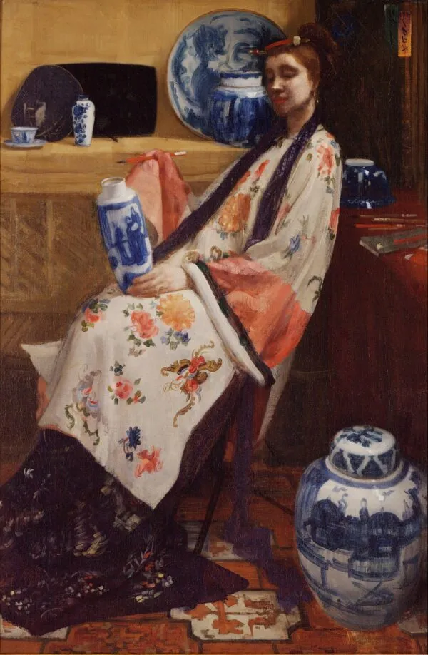 Purple and Rose: The Lange Leizen of the Six Marks (1864) by James McNeill Whistler — original painting reproduced as a hand-painted oil on canvas