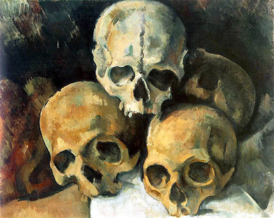 Pyramid of Skulls (1899) by Paul Cézanne — original painting reproduced as a hand-painted oil on canvas