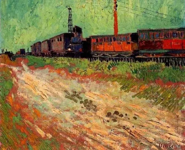 Railway Carriages (1888) by Vincent van Gogh — original painting reproduced as a hand-painted oil on canvas