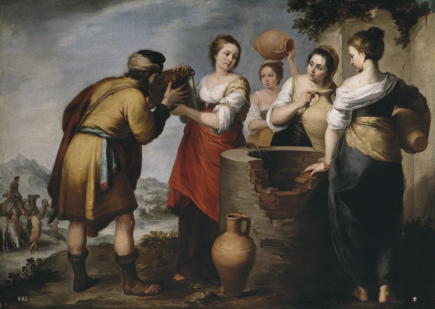 Rebecca and Eliezer (1660) by Bartolomé Esteban Murillo — original painting reproduced as a hand-painted oil on canvas
