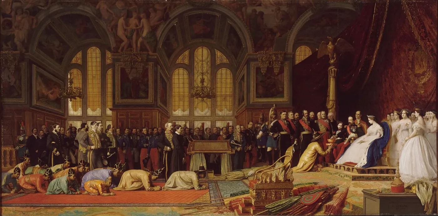 Reception of the Siamese ambassadors by the Emperor Napoleon III at the Palace of Fontainebleau, 27 June 1861 (1864) by Jean-Léon Gérôme — original painting reproduced as a hand-painted oil on canvas