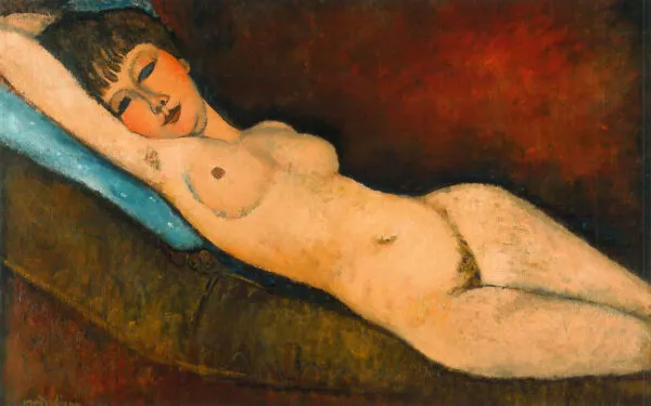 Reclining Nude on Blue Cushion (1916) by Amedeo Modigliani — original painting reproduced as a hand-painted oil on canvas