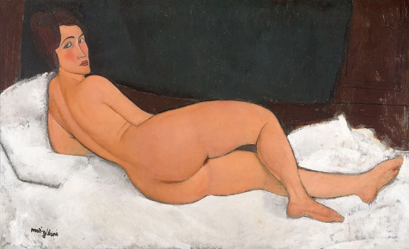 Reclining nude (on the left side) (1917) by Amedeo Modigliani — original painting reproduced as a hand-painted oil on canvas