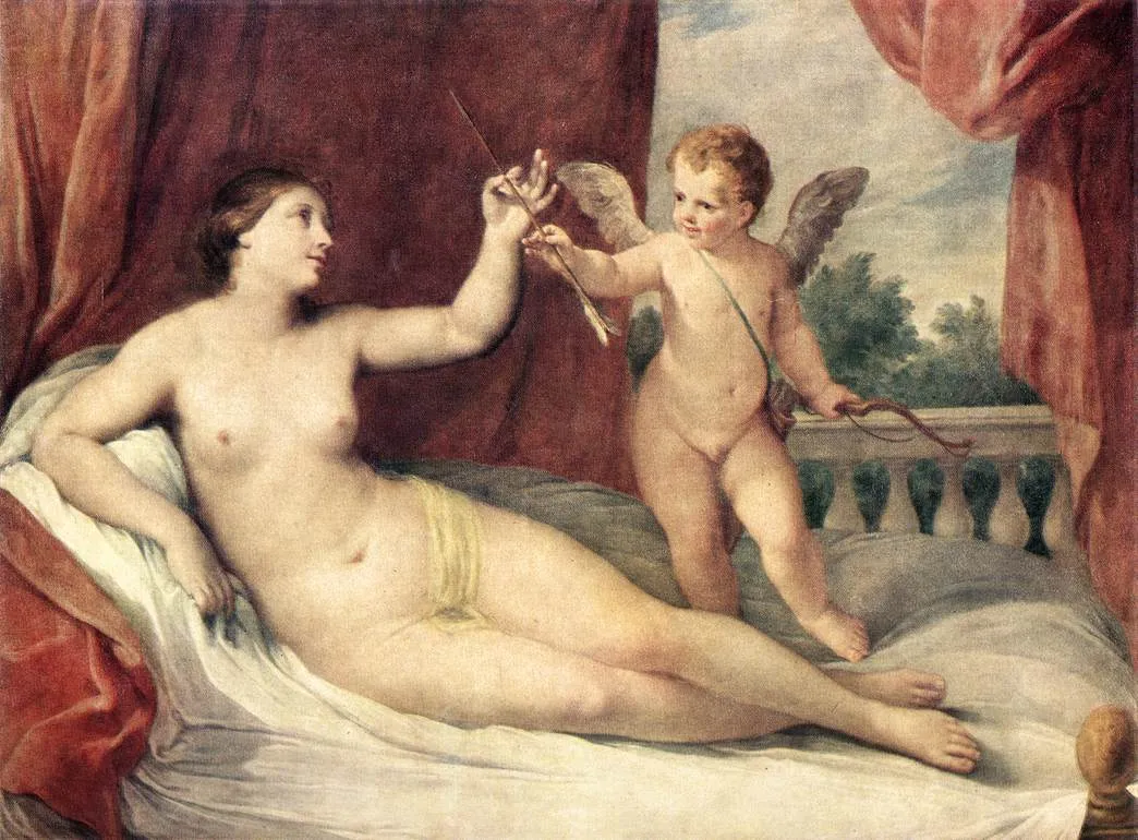 Reclining Venus with Cupid (1637) by Guido Reni — original painting reproduced as a hand-painted oil on canvas