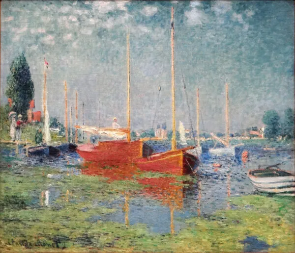 Red Boats at Argenteuil (1875) by Claude Monet — original painting reproduced as a hand-painted oil on canvas