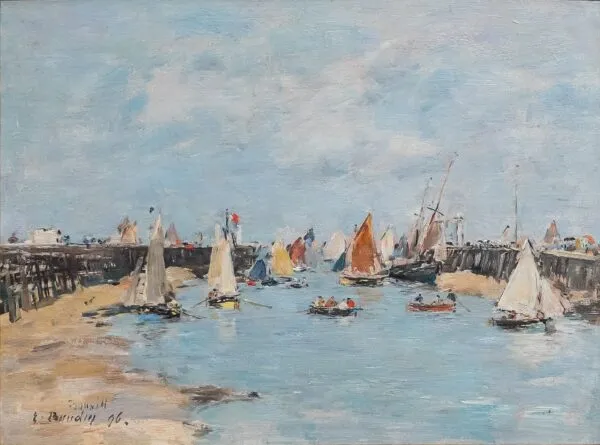 Rentrée des bateaux de pêche à Trouville (1896) by Eugène Louis Boudin — original painting reproduced as a hand-painted oil on canvas