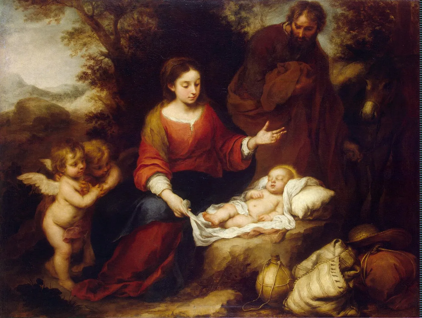 Rest on the Flight into Egypt (1665) by Bartolomé Esteban Murillo — original painting reproduced as a hand-painted oil on canvas