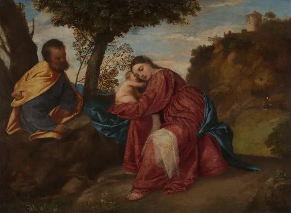 Rest on the Flight into Egypt (1512) by Titian — original painting reproduced as a hand-painted oil on canvas