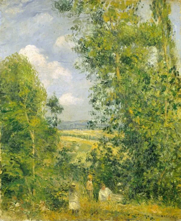 Resting in the Woods (côte des Grouettes), Pontoise (1878) by Camille Pissarro — original painting reproduced as a hand-painted oil on canvas