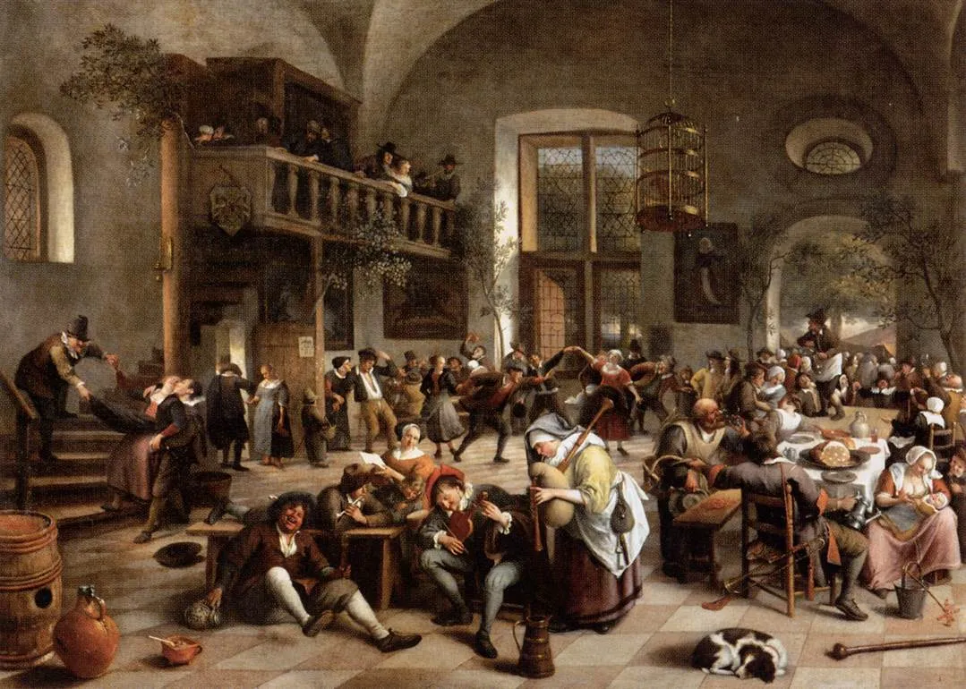 Revelry at an Inn (1674) by Jan Steen — original painting reproduced as a hand-painted oil on canvas