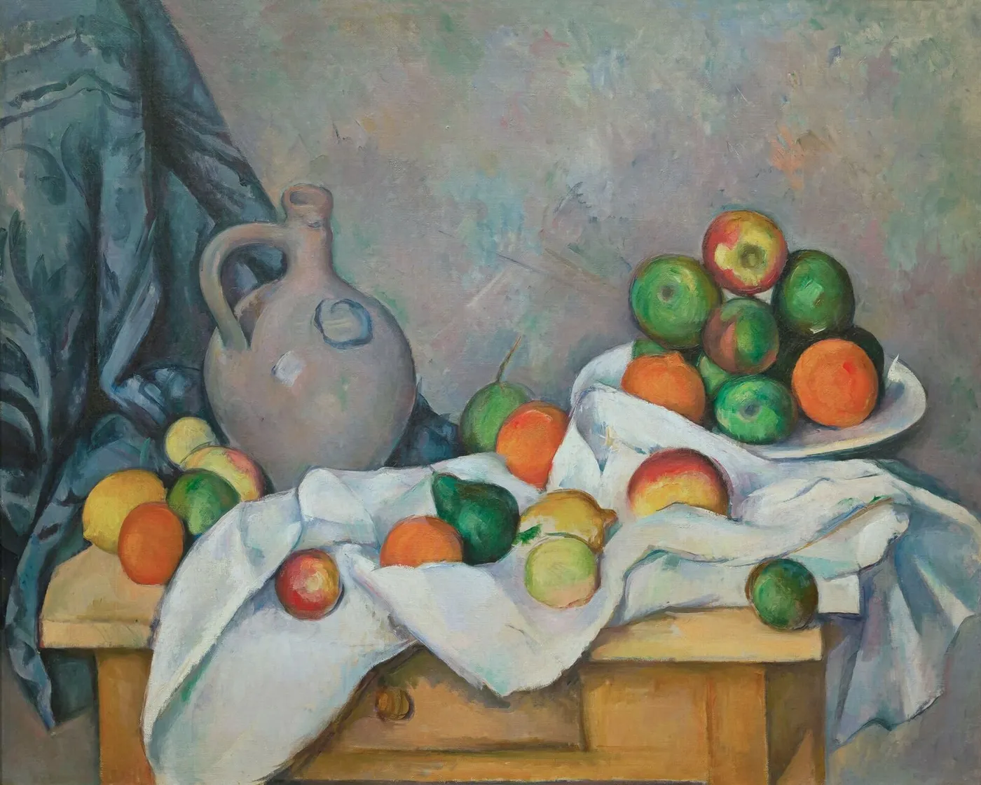 Rideau, Cruchon et Compotier (1893) by Paul Cézanne — original painting reproduced as a hand-painted oil on canvas