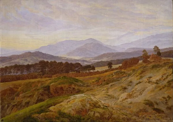 Riesengebirge Landscape (1835) by Caspar David Friedrich — original painting reproduced as a hand-painted oil on canvas