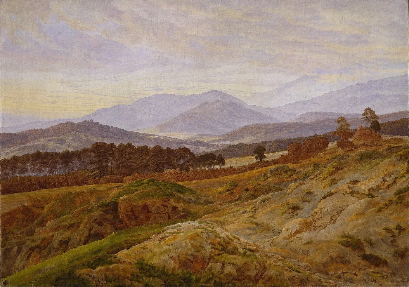 Riesengebirge Landscape (1835) by Caspar David Friedrich — original painting reproduced as a hand-painted oil on canvas