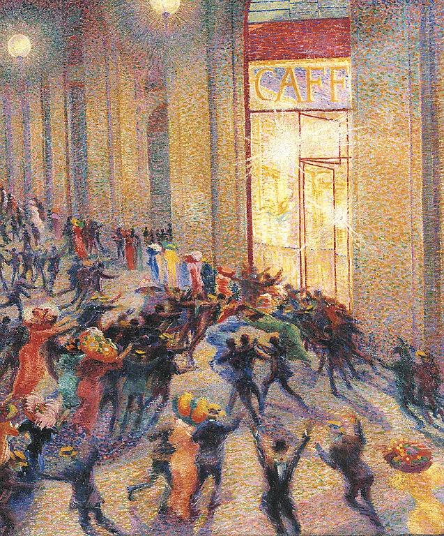 Riot in the Gallery (1910) by Umberto Boccioni — original painting reproduced as a hand-painted oil on canvas